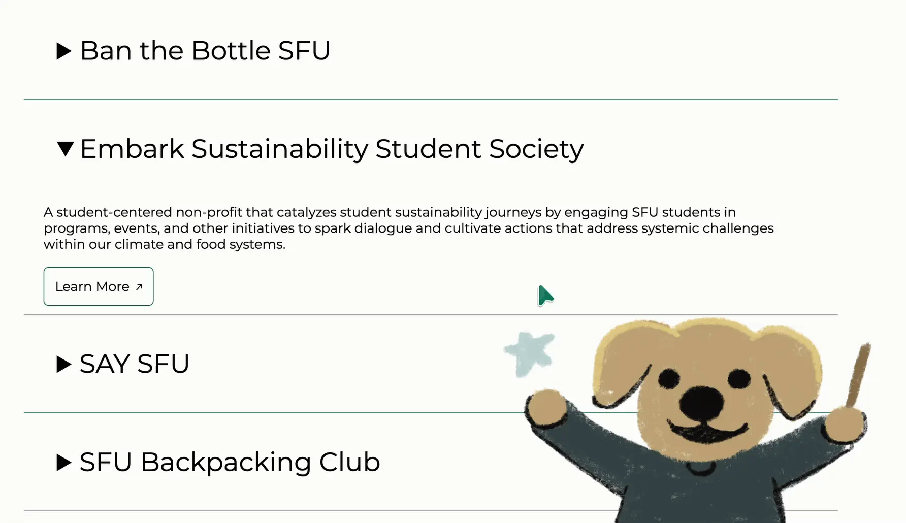 Mock drop down menu of student organizations