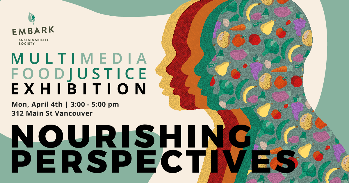 An outline of a face in profile is shown in various colours and textures: yellow, red, orange, green, layered over top one another. The top layer of facial profile is filled with various fruits and vegetables. Bold text reads multimedia food justice exhibition nourishing perspectives mon, april 4th 3 to 5 pm 312 main street vancouver.